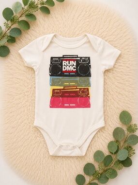 Kids One-Piece Bodysuit in Cream with Retro Boombox Print